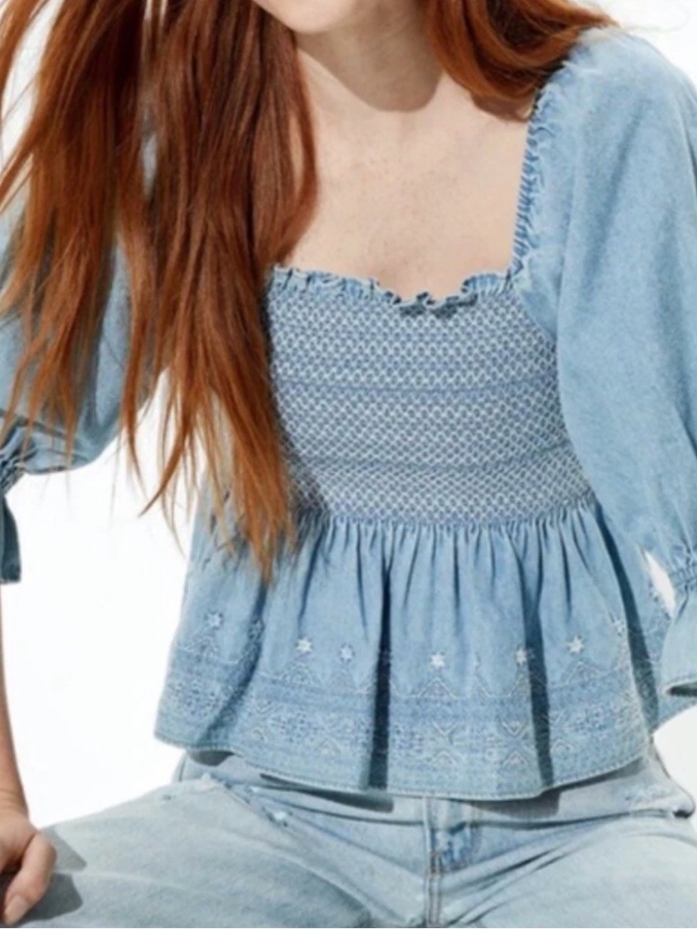 American Eagle Denim Embroidered Smocked Top Size M